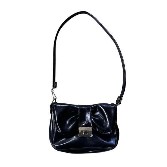 Vintage Purse Black Patent Shoulder Bag Bow Gold Metal Clasp Mid Century Retro - Picture 2 of 15